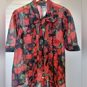 NWT NY&C Ruffled Chiffon Top Red and Black Floral Sheer Blouse Top  Size 2x